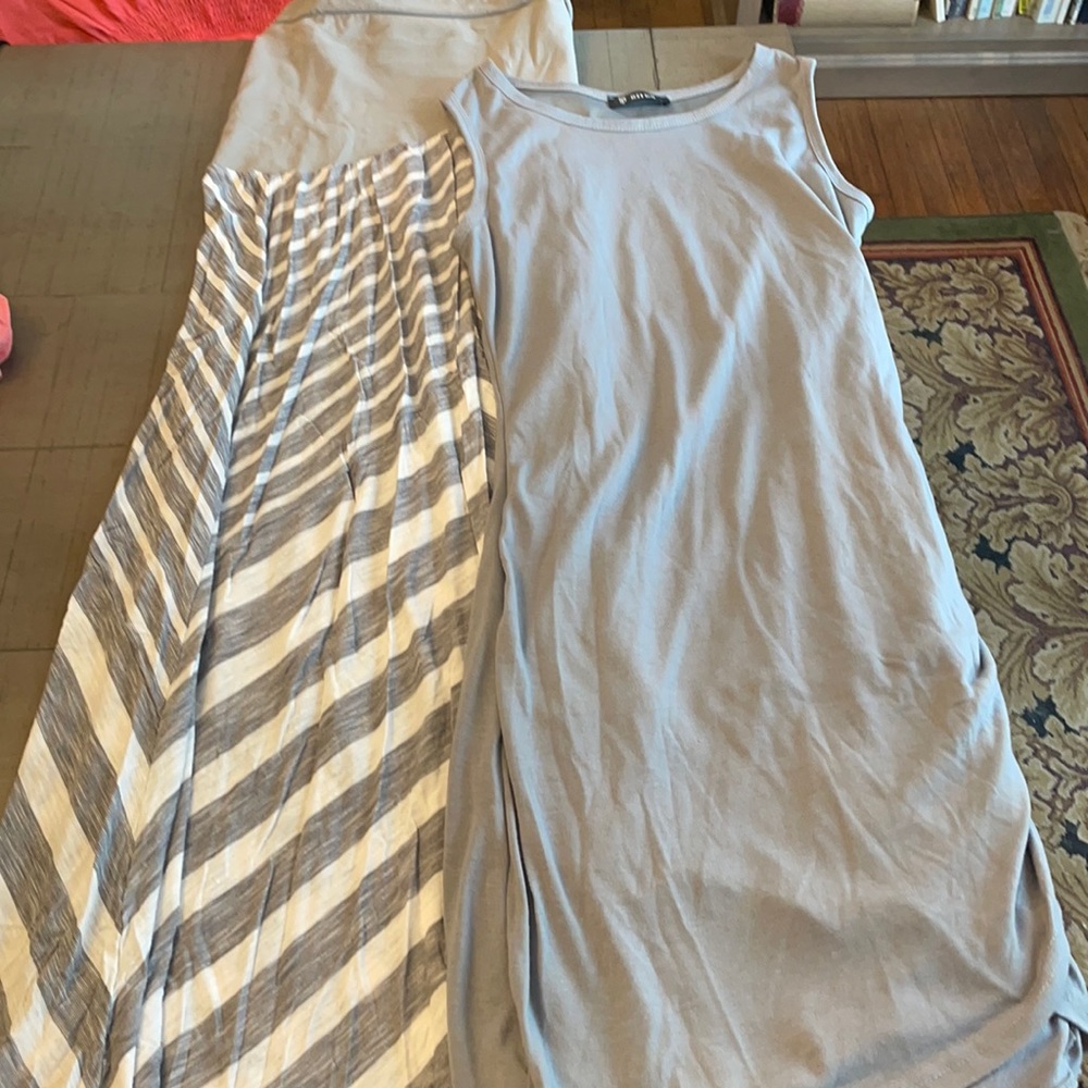Lot of 2 maternity items. 1 form fitting gray dress, short. 1 skirt